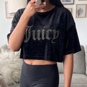 Juicy Couture Black Velour Crop Top Size M Rhinestone Logo Y2K Aesthetic